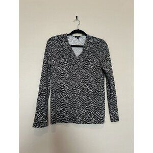 Talbots Animal Print Black White Medium Petite V Neck Long Sleeve Blouse Top